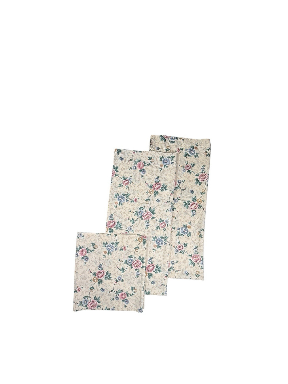 Set of Vintage Curtains Drapes 2 Panels 1 Valance Beige Floral Print Cottage
